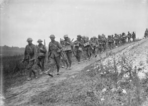 Bomb carrying party of the 1st Battalion, Sherwood Foresters going up to the front line at La Boisselle, France, 6 July 1916. (c) IWM Q780